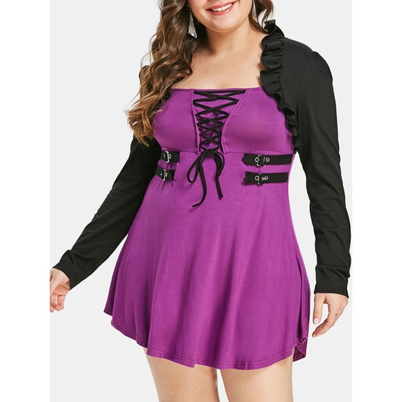 Plus Size Two Tone Lace Up Ruffle Long Sleeve Top - Picture 1 of 8